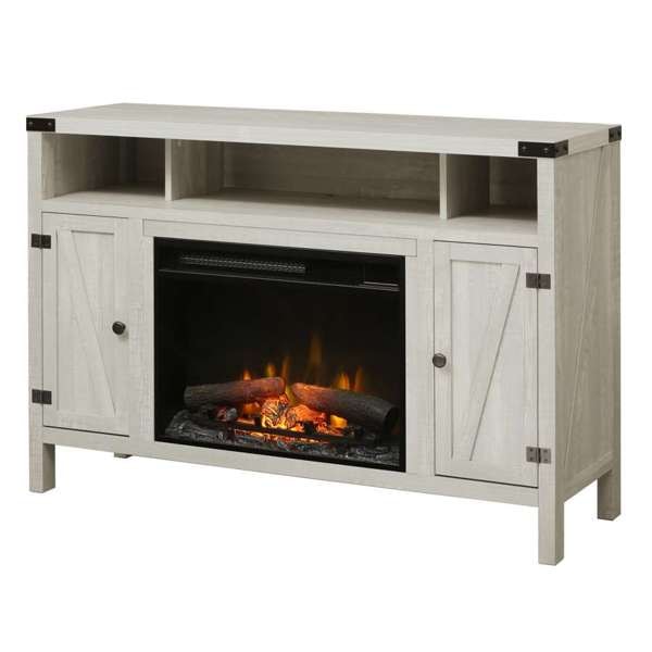 Dimplex C3P23LR-2051SP whitewash farmhouse TV stand with electric fireplace insert in living room