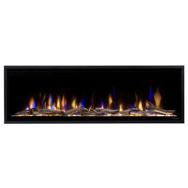 Dimplex Evo50-F wide linear electric fireplace with driftwood logs and blue and orange flame