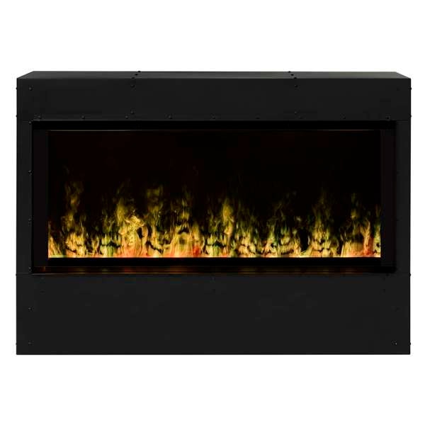 Dimplex ProBox RGB commercial electric fireplace with green and yellow Opti-myst flame and black spacers