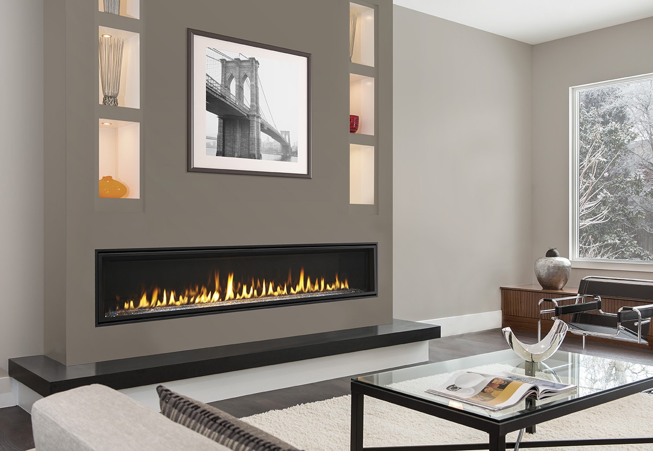 Majestic Echelon II 72 wide linear gas fireplace in modern living room