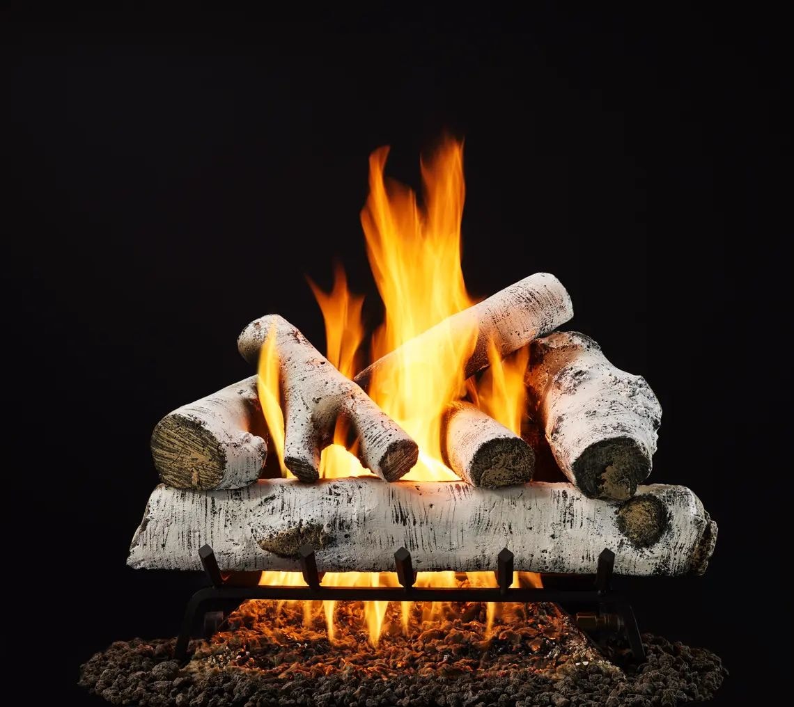 Majestic Woodland Birch gas log set with white birch logs and orange flame