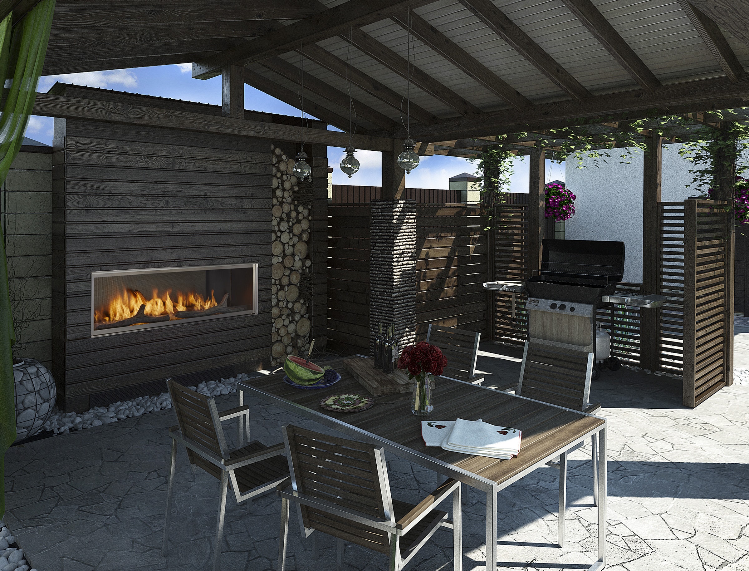 Majestic Lanai 48 linear gas fireplace on covered pergola outdoor patio at dusk