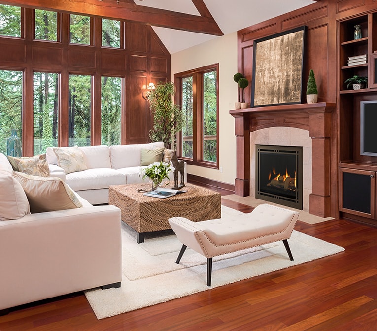 Majestic Meridian Platinum 36 gas fireplace in luxury living room with warm wood tones