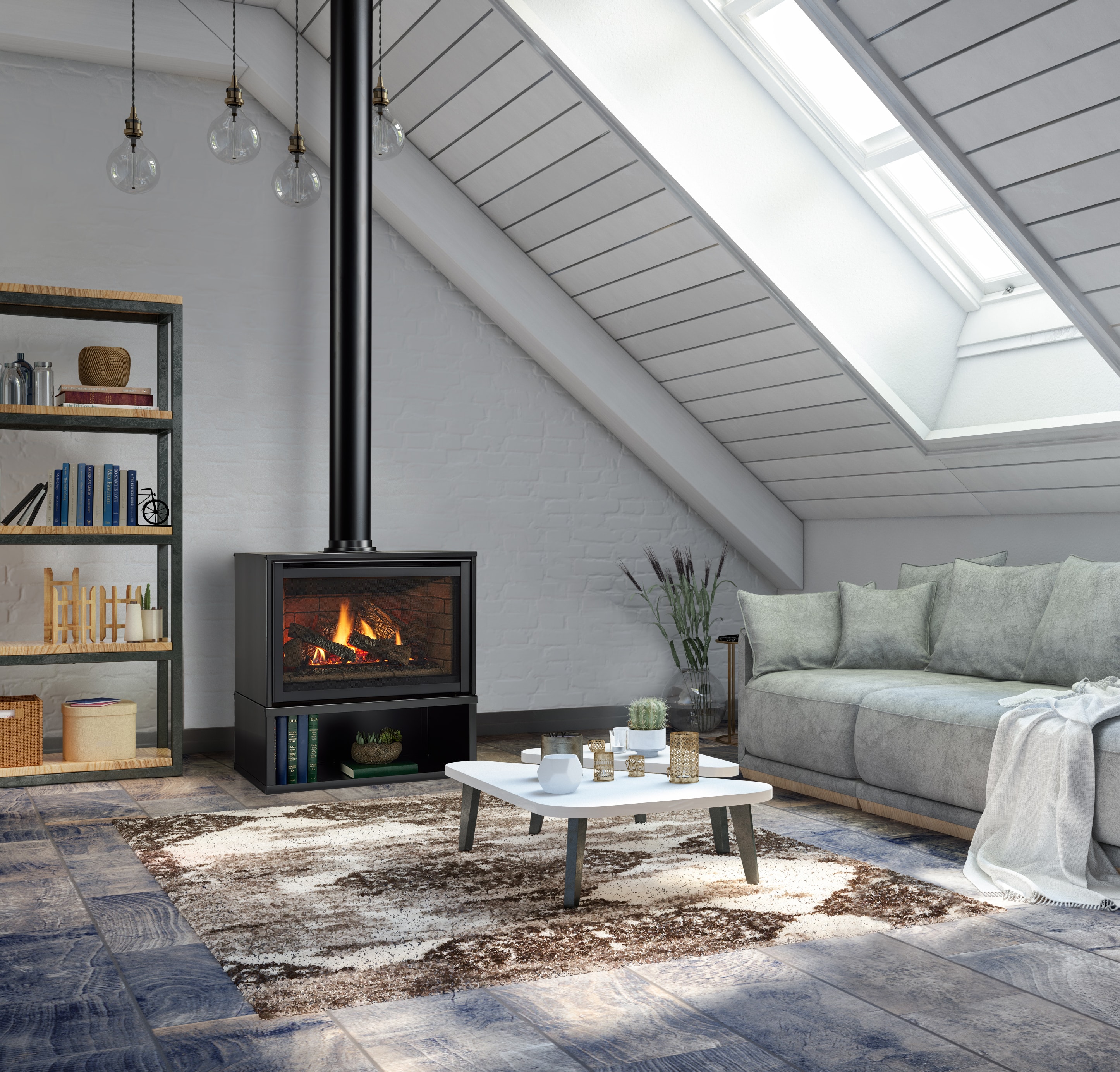 Majestic Trilliant freestanding gas stove in modern loft with skylights