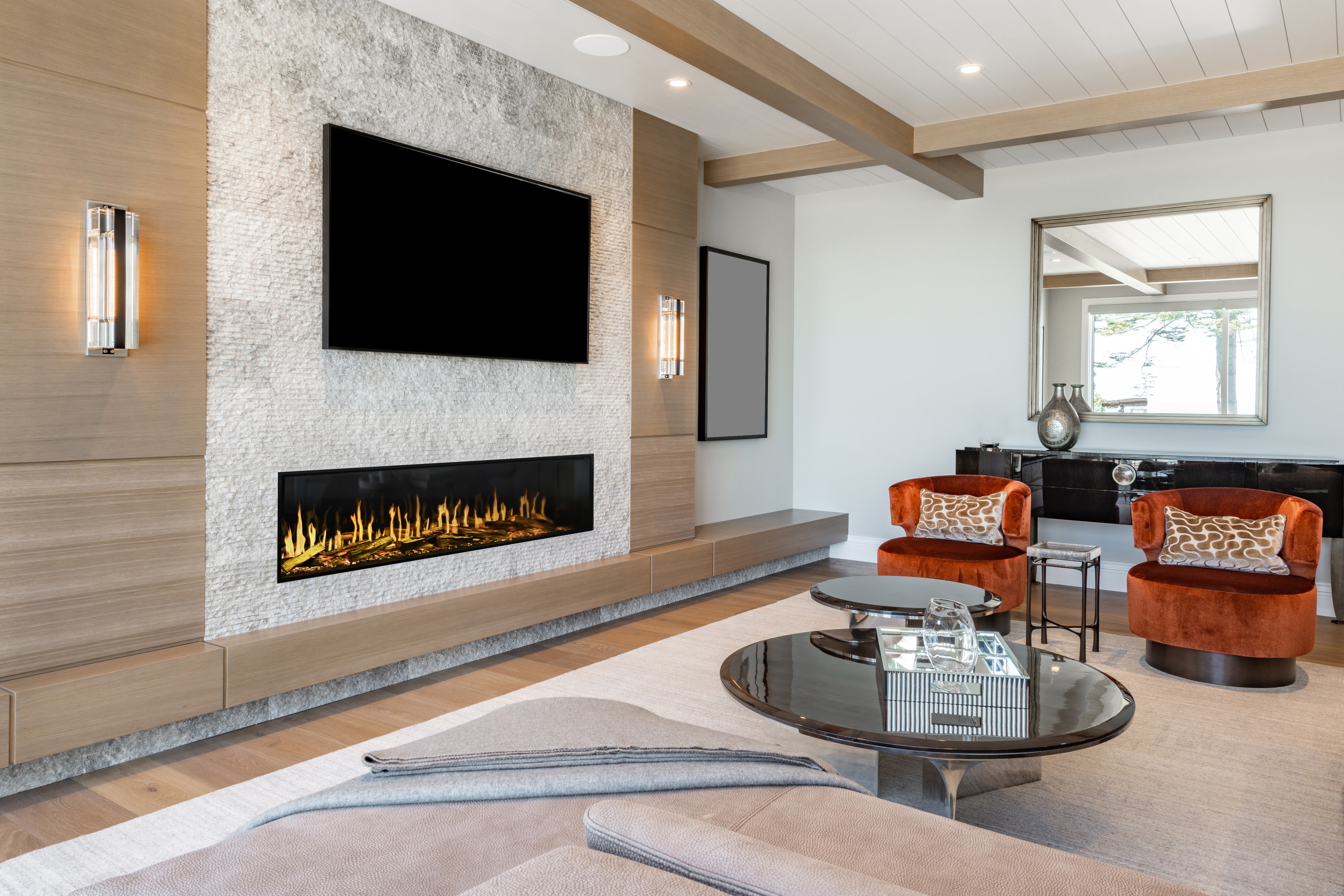 Modern Flames Orion 76 Multi angled view with TruWood log set in stone surround